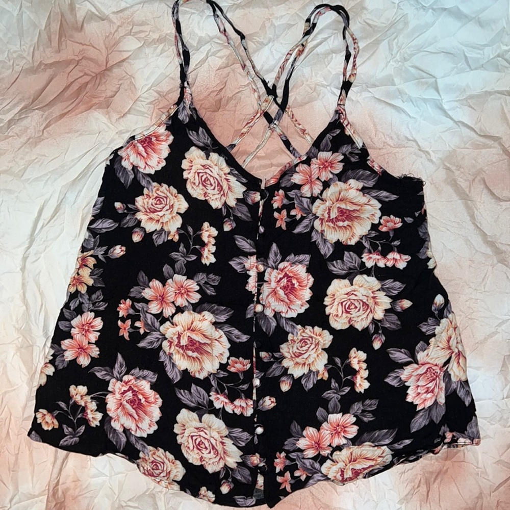 American Eagle Black Flower Print Top